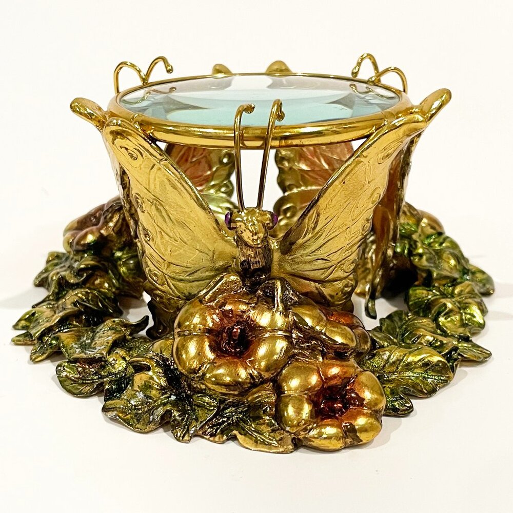 Vintage Desk Reader Magnifying Glass / Paper Weight Butterflies and Flowers